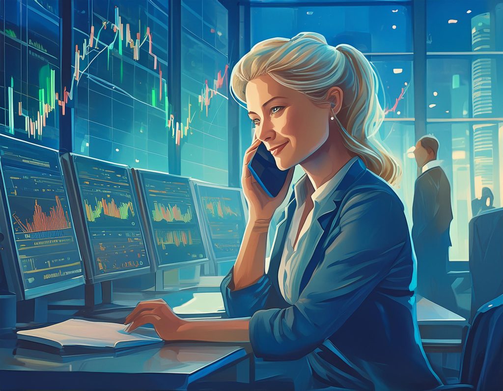 Firefly stock trader on the phone in a busy environment, looking at trading charts 50823 (1)
