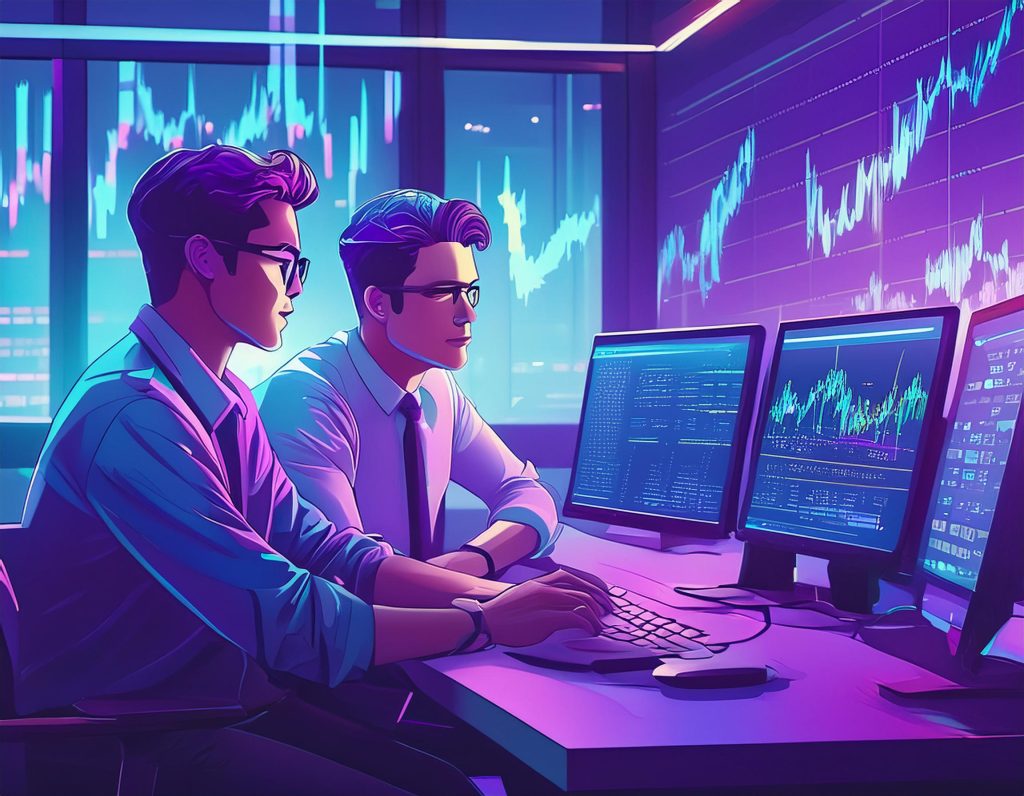 Firefly stock traders looking at their screens and talking to each other 50398