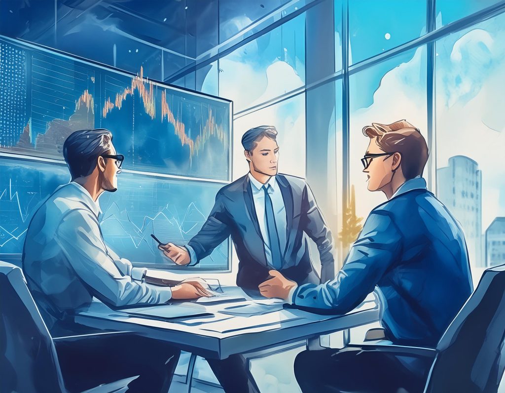 Firefly stock traders talking to each other, looking at trading charts on computer screens in office (1)