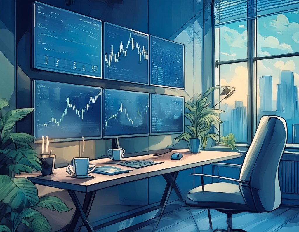 Firefly stock trading charts home office setup with multiple screens, a cozy space and coffee 15449